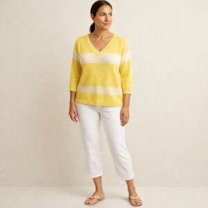 Coldwater Creek Yellow Striped Summer V Neck Knit Sweater M|Classic Resort Coast